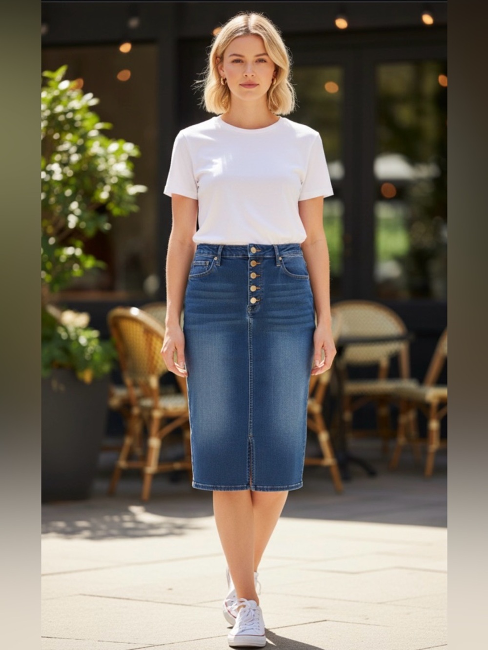 Allegra K Dark Blue Denim Skirt with front slit yellow topstitching.